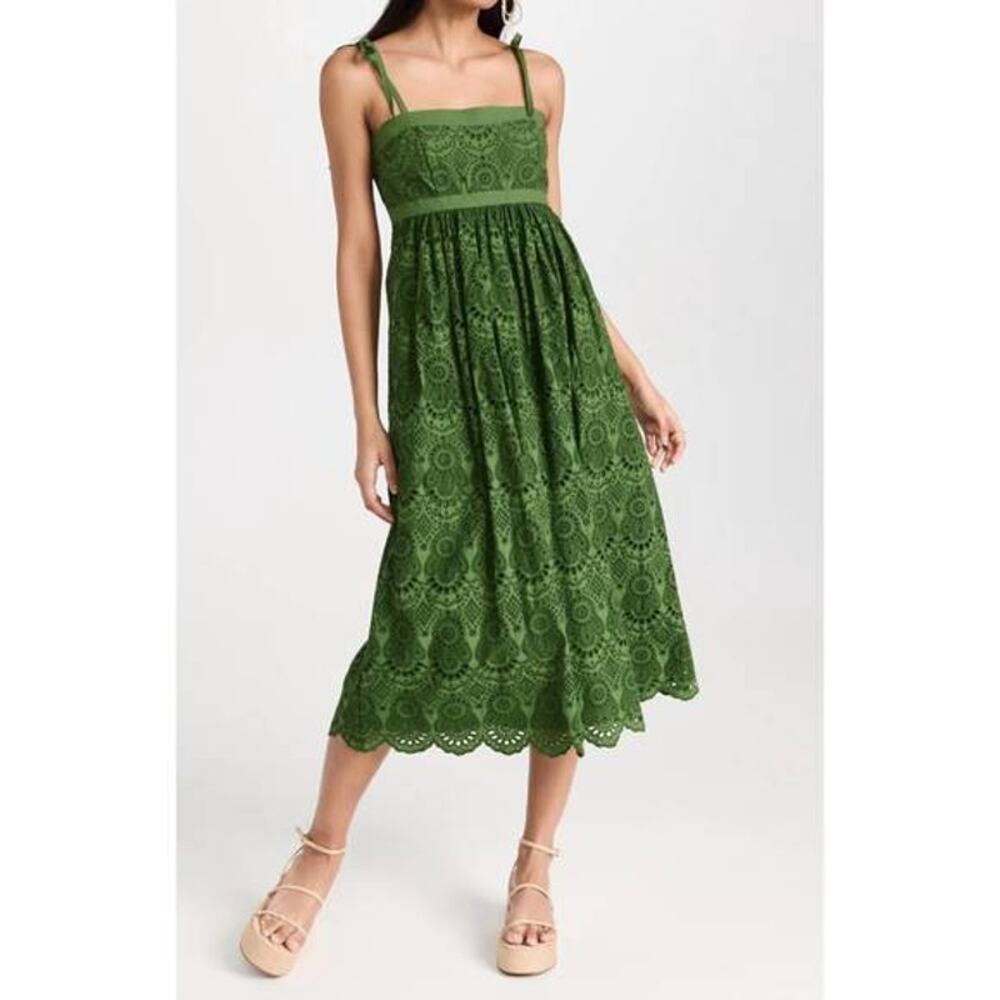 Ulla Johnson Dress Midi Eyelet Green Matilde Lichen Cotton Sleeveless Summer